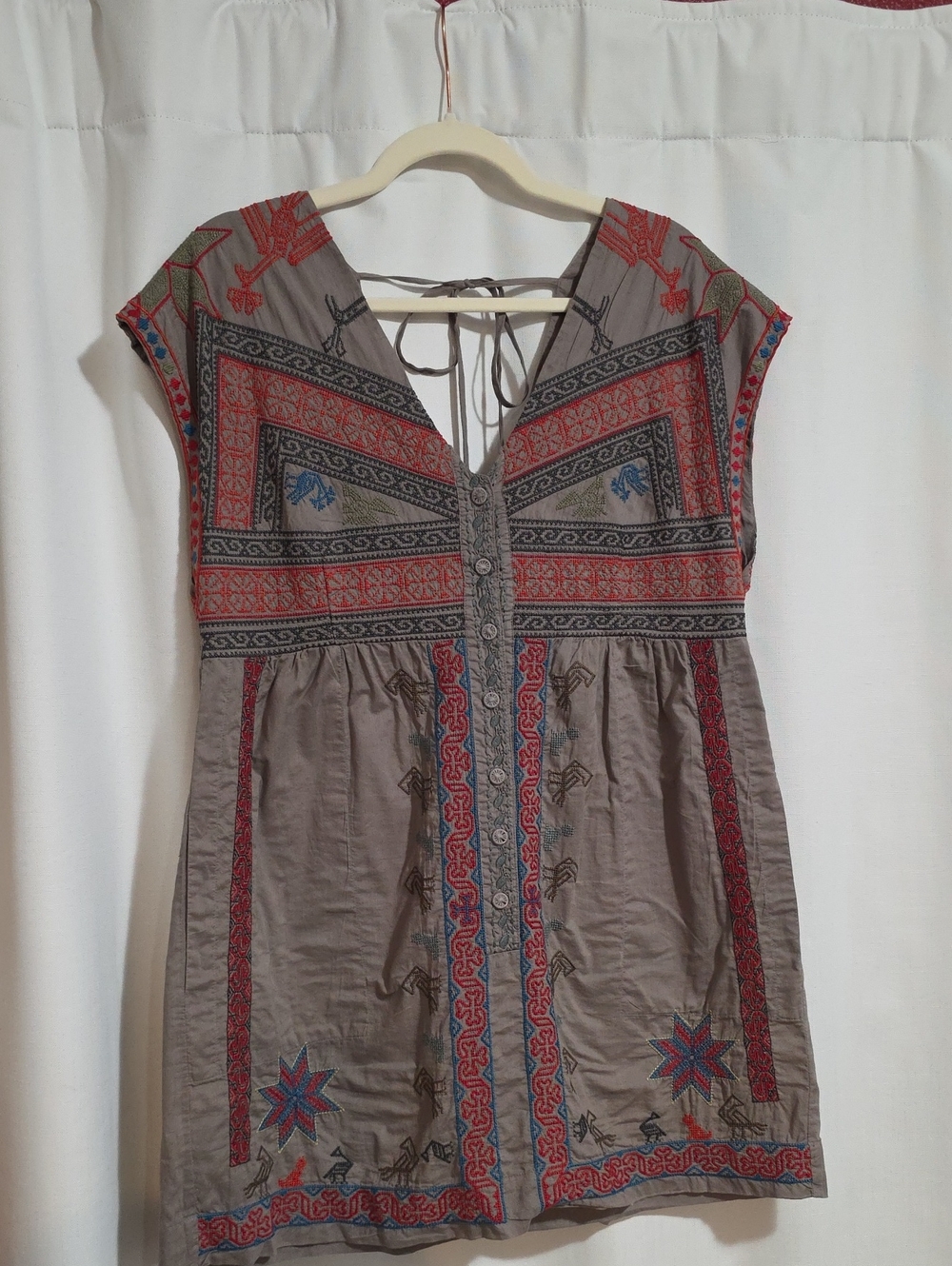 Taupe Embroidered V-Neck Button-Front Shirt